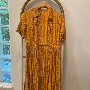 Mango Cheetah Print Maxi Orange Viscose Short Sleeves Shirtdress Size XS